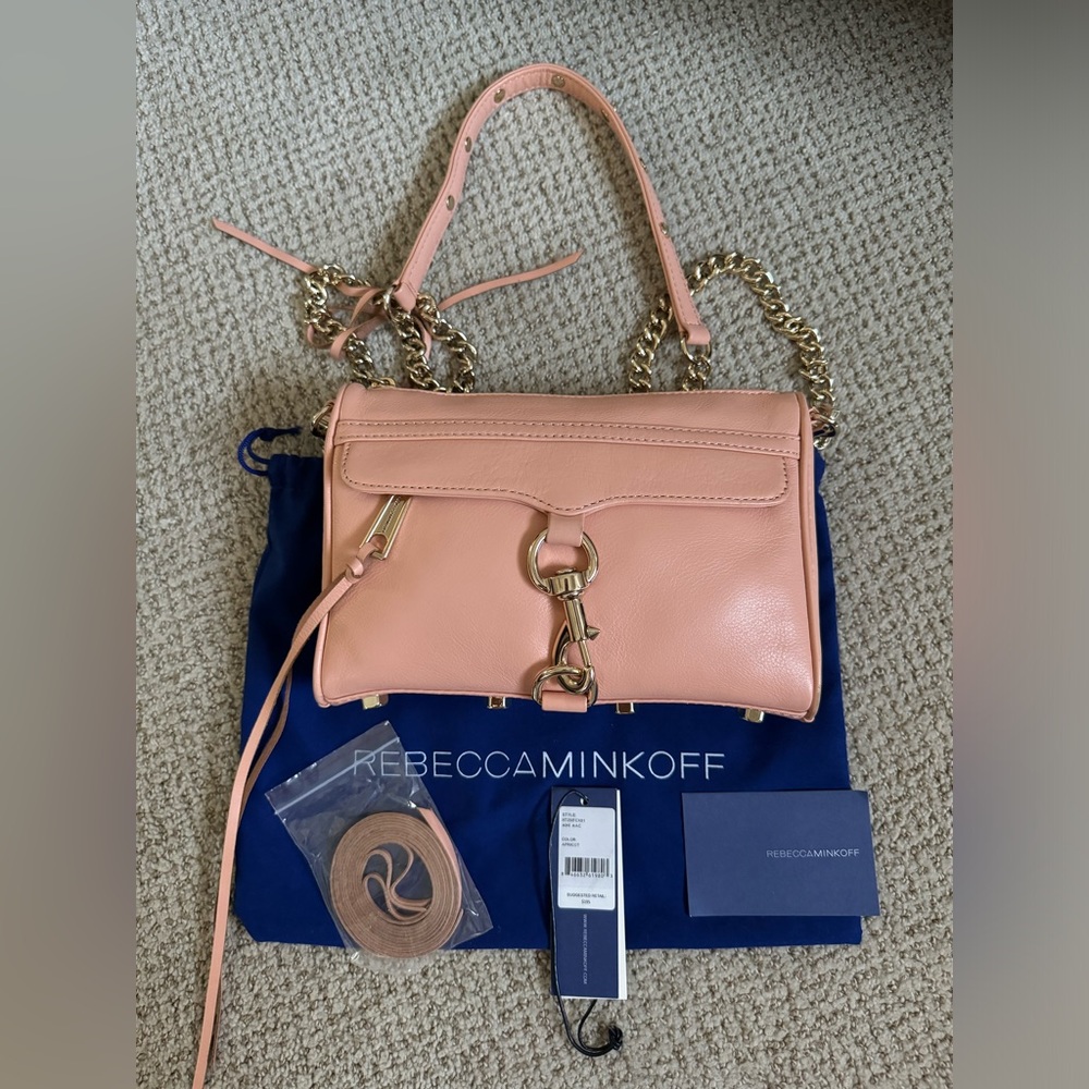 Rebecca Minkoff Mini Mac Apricot Leather Gold Crossbody Convertible Bag Purse